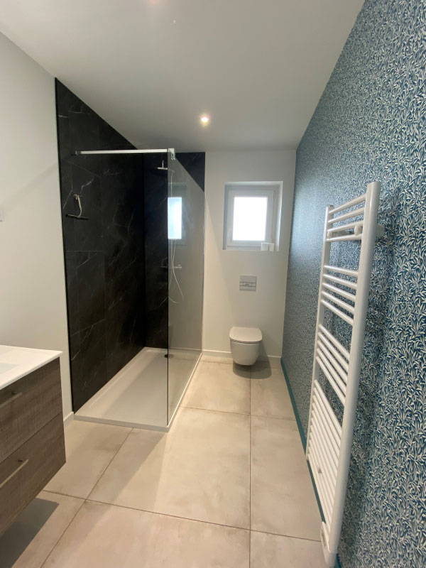 salle de bain rénovée avec mur bleu